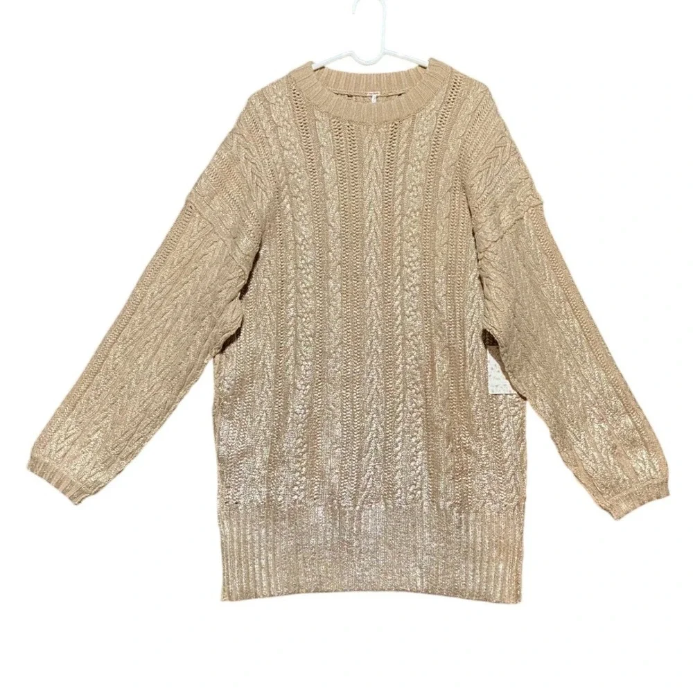 Free People Women's Good as Gold Sweater Dress LARGE Cable‎ Knit Metallic Party